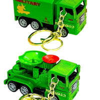 Green military-themed toy truck keychain on a white background