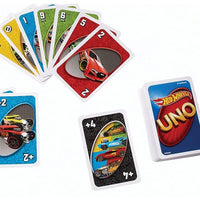 Hot Wheels UNO card game with colorful cards on a white background