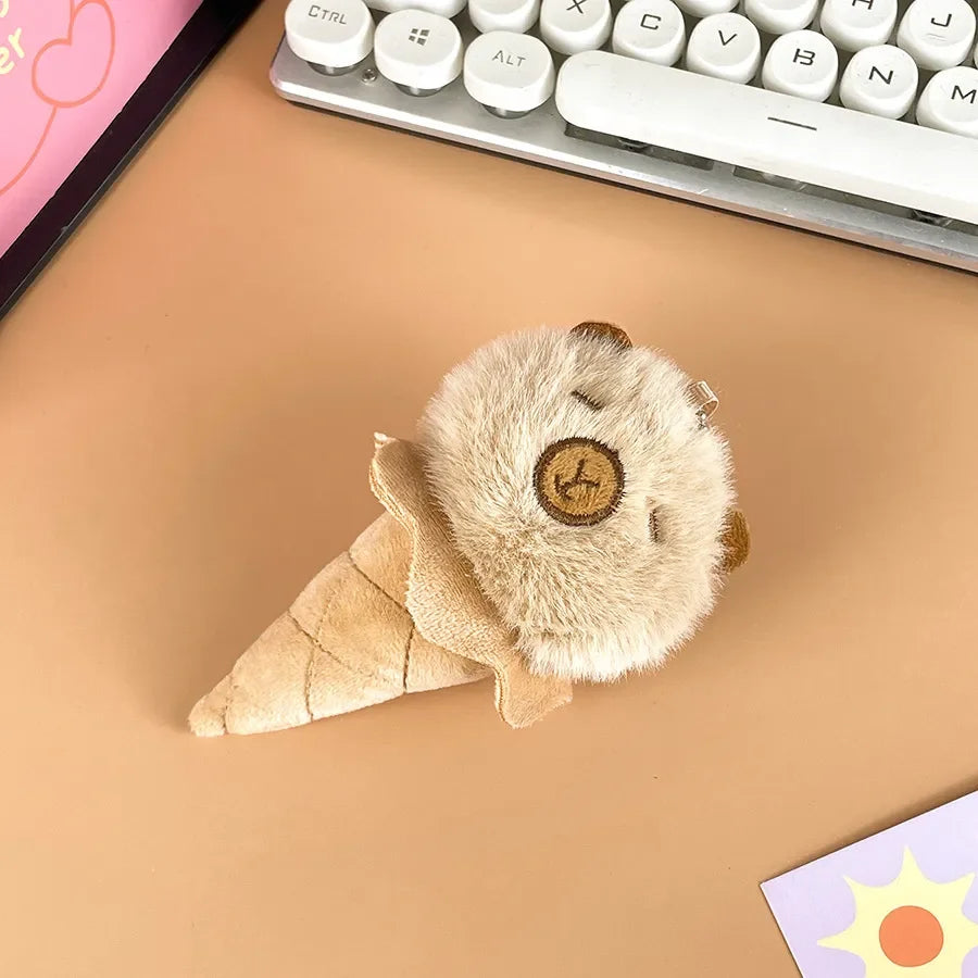 Capybara Ice Cream Cone Plush Keychain