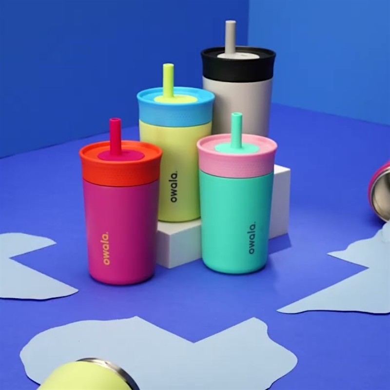 Colorful owala kids tumblers on a blue background