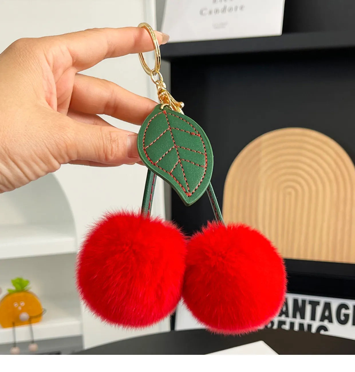 Fluffy Cherry Pom Pom Plush Keychain