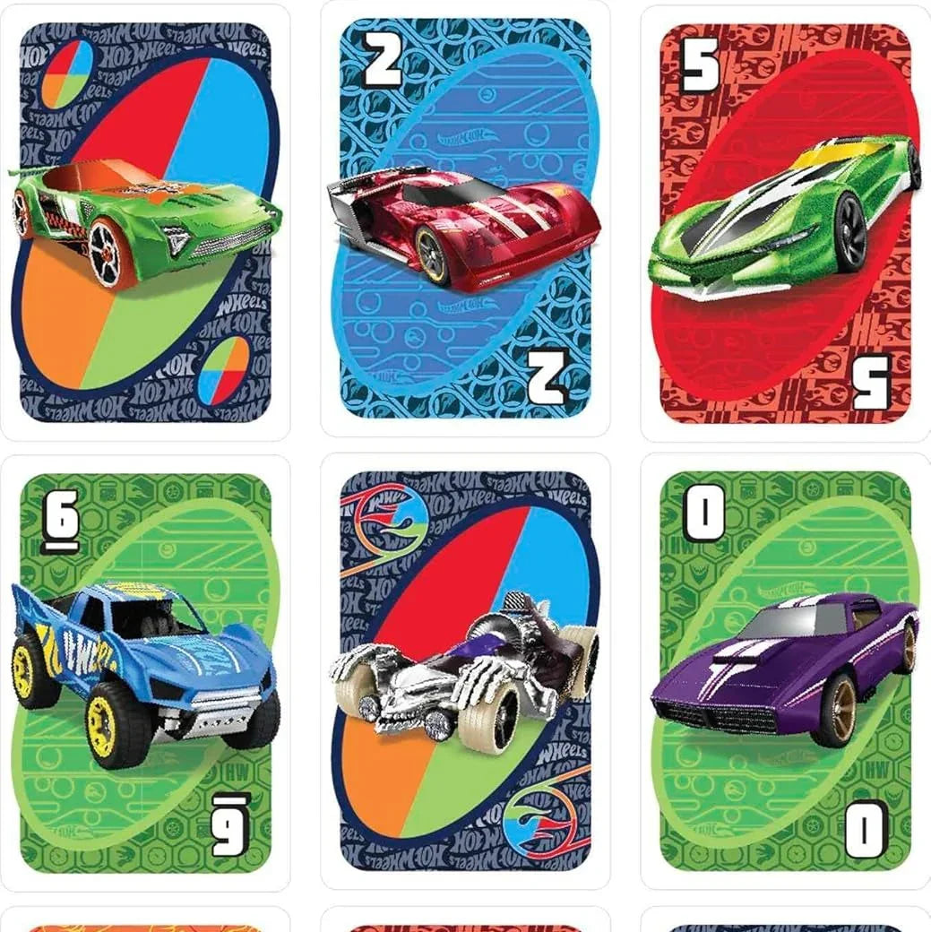 Set of colorful card games with car illustrations on a blue background