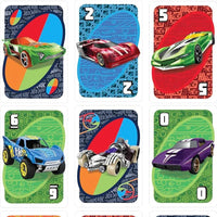 Set of colorful card games with car illustrations on a blue background