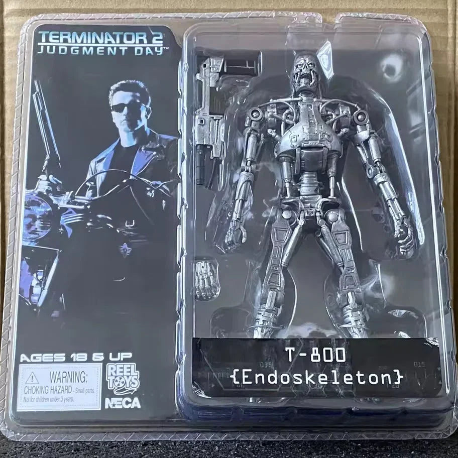 Action figure of T-800 Endoskeleton from Terminator 2 in packaging with Terminator 2 poster.