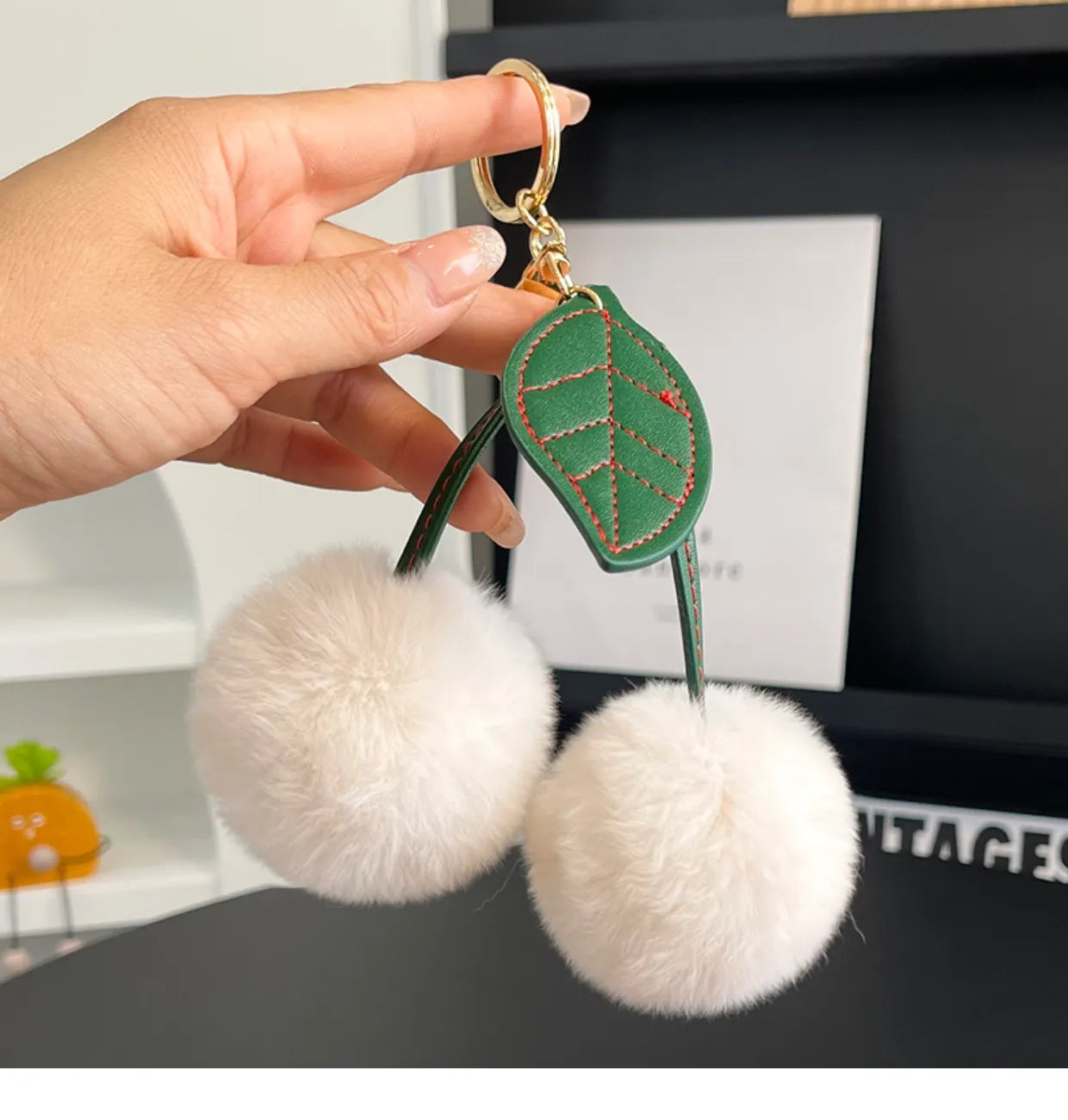 Fluffy Cherry Pom Pom Plush Keychain