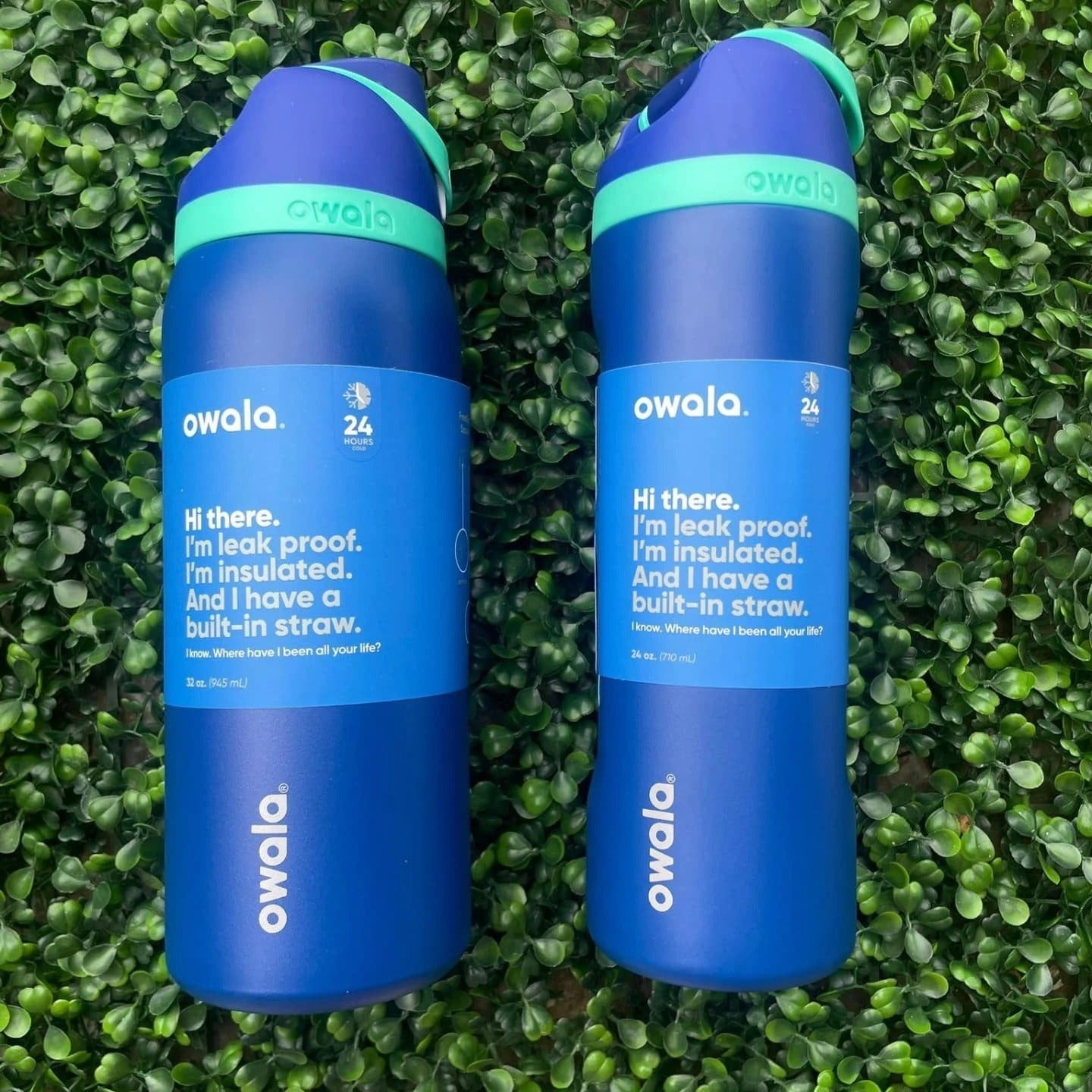 Two blue Owala insulated water bottles on a grassy background