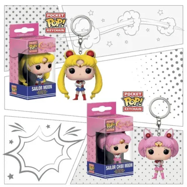 Pocket Pop! keychains of Sailor Moon and Sailor Chibi Moon with packaging on a white background.