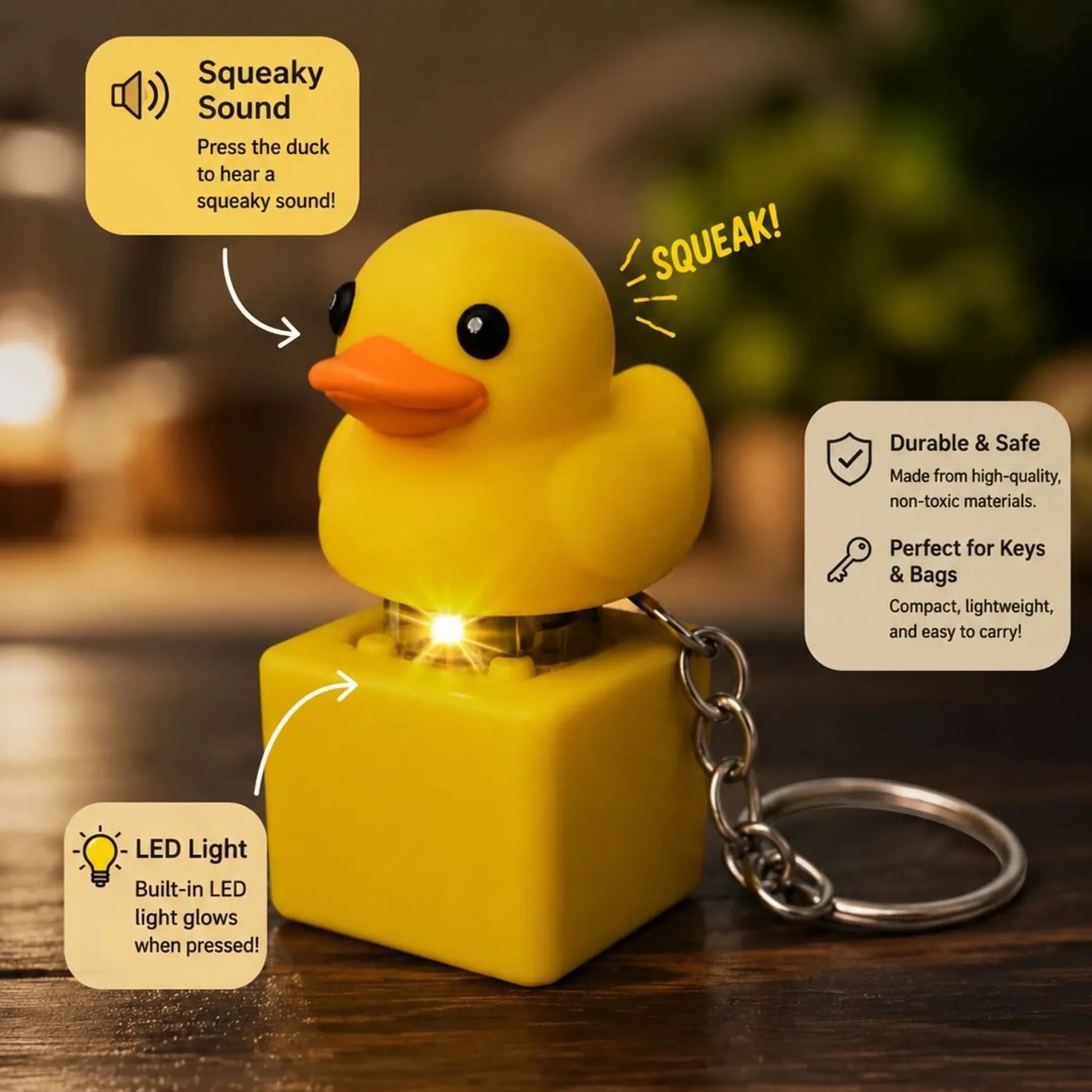 Yellow Quacking Duck Interactive Fidget Keychain
