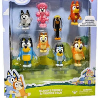Packaged toy figures of Bluey and her friends with colorful packaging.