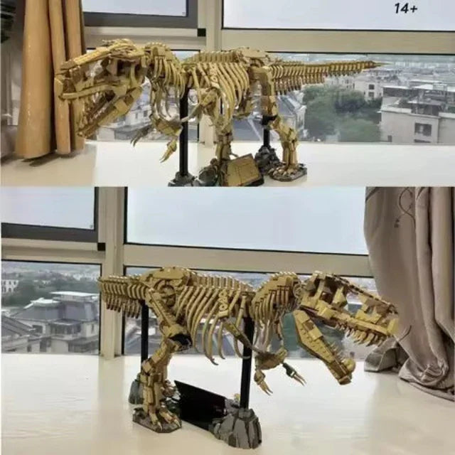 Dinosaur skeleton model on a stand with a cityscape view in the background