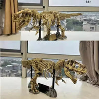 Dinosaur skeleton model on a stand with a cityscape view in the background