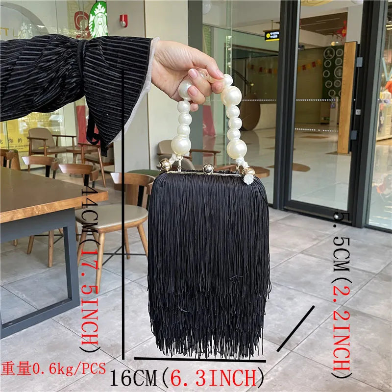 Parisian Pearl-Handle Tiered Fringe Clutch Bag
