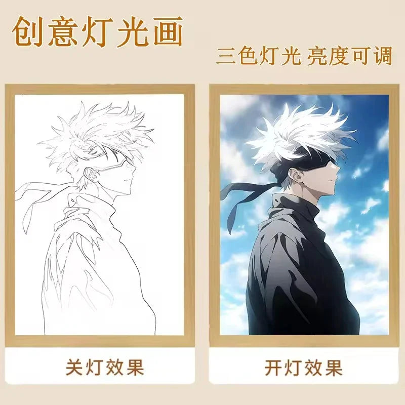 Comparison of an anime character's line drawing and colored version with a sky background.