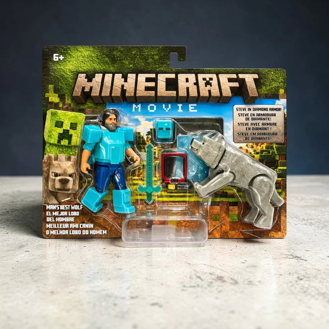Minecraft Steve in Diamond Armor & Wolf Figure Pack