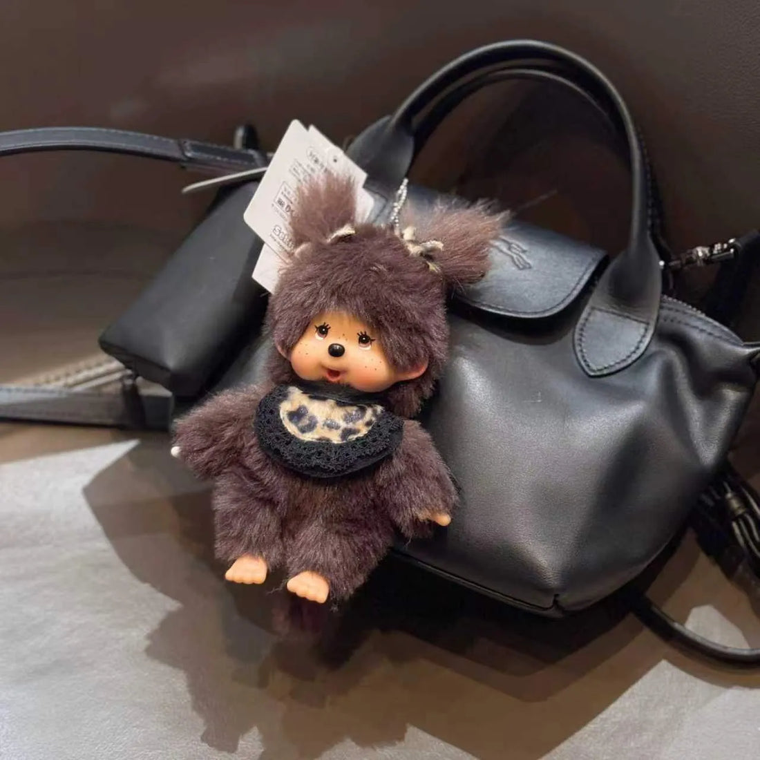 Monchhichi Fluffy Leopard Bib Plush Keychain