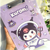 Purple folder with Kuromi character design held by a hand, with flowers in the background.