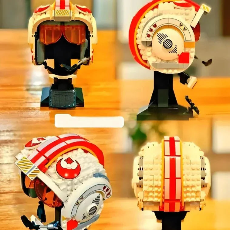 Four views of a toy robot model on a wooden surface