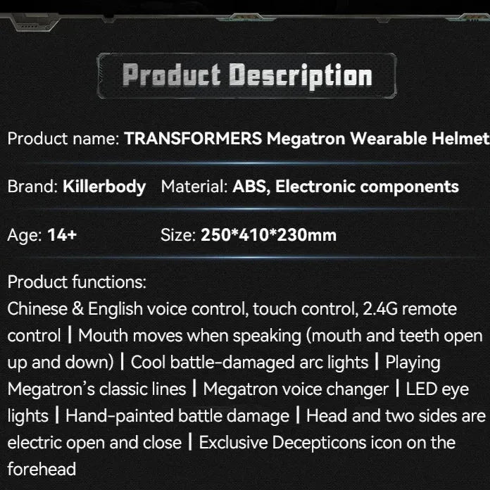 Killerbody Megatron Trans4mers Smart Helmet
