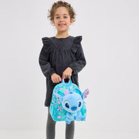 Child holding a blue backpack with a cartoon character on a white background