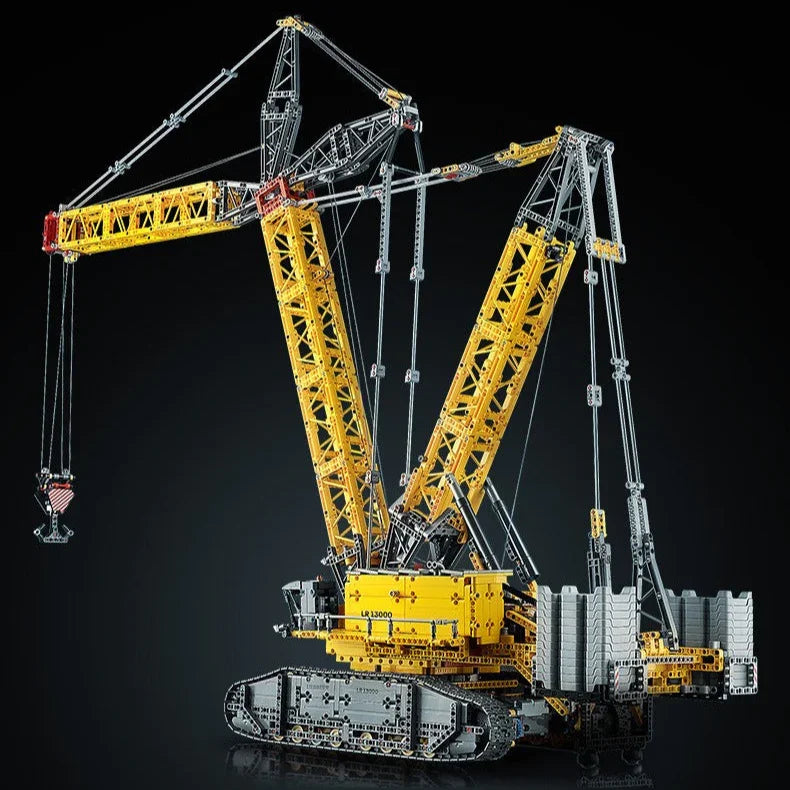 Yellow construction crane model on a black background