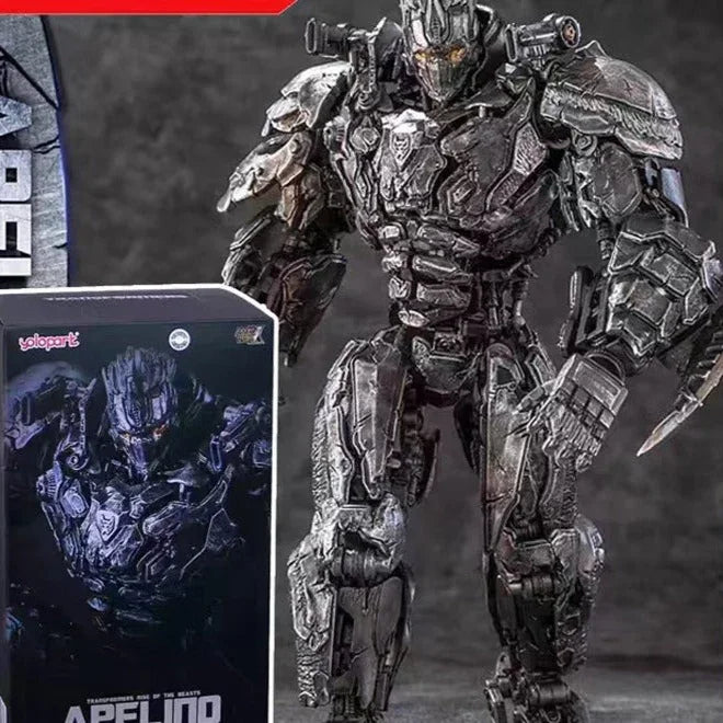 Mechanical figure with detailed armor and a box featuring the same design on a dark background