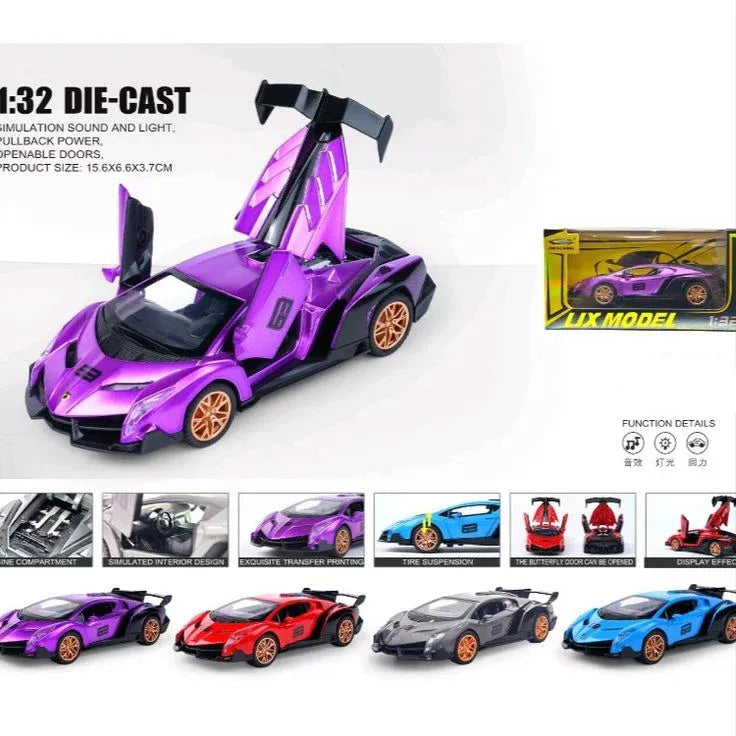 Purple die-cast model car with open doors on a white background, surrounded by other color options.