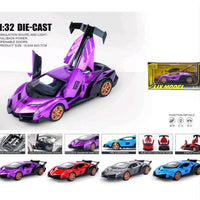 Purple die-cast model car with open doors on a white background, surrounded by other color options.