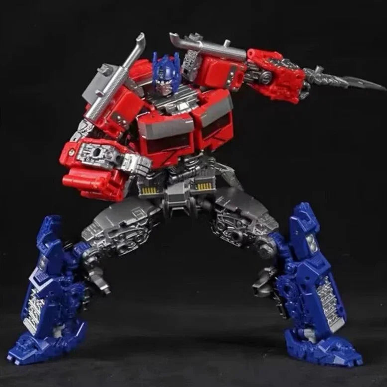 Transformers robot figure with red, blue, and gray colors on a black background