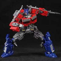 Transformers robot figure with red, blue, and gray colors on a black background