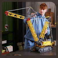 Person holding a large model of a crane with text in Chinese