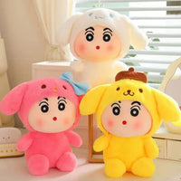 Three shinchan plush toys in animal costumes on a light background