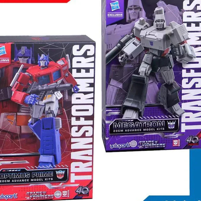 Two Transformers action figure boxes, one for Optimus Prime and the other for Megatron, on a colorful background.