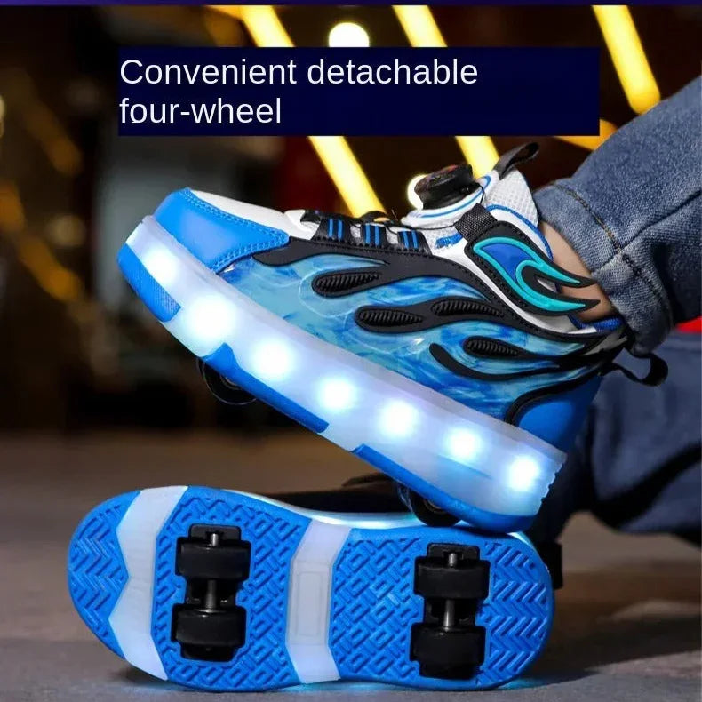 Blue roller shoes with LED lights and detachable wheels on a blurred background