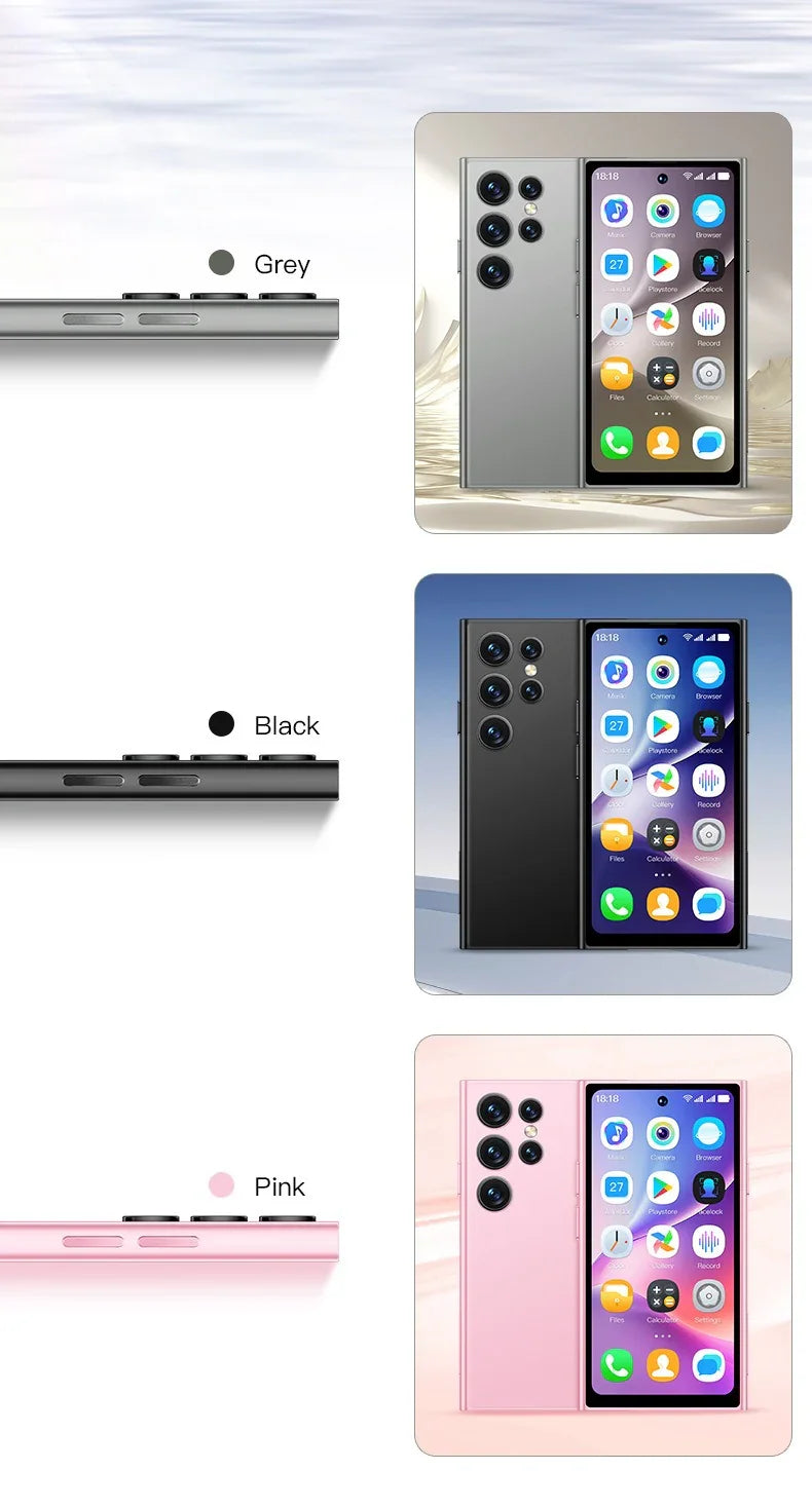 Three smartphone cases in gray, black, and pink with a phone screen displaying app icons.