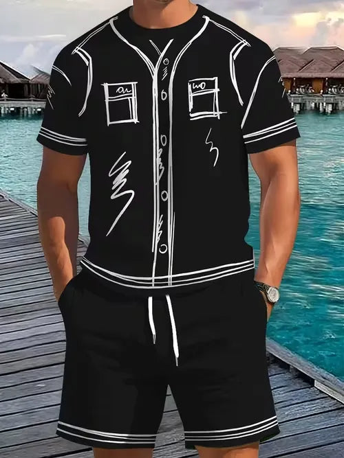 2D Cartoon Sketch Athletic Tee and Shorts Set