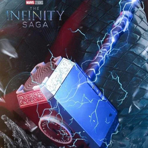 Thor's hammer with lightning effects on a dark background, featuring Marvel branding.