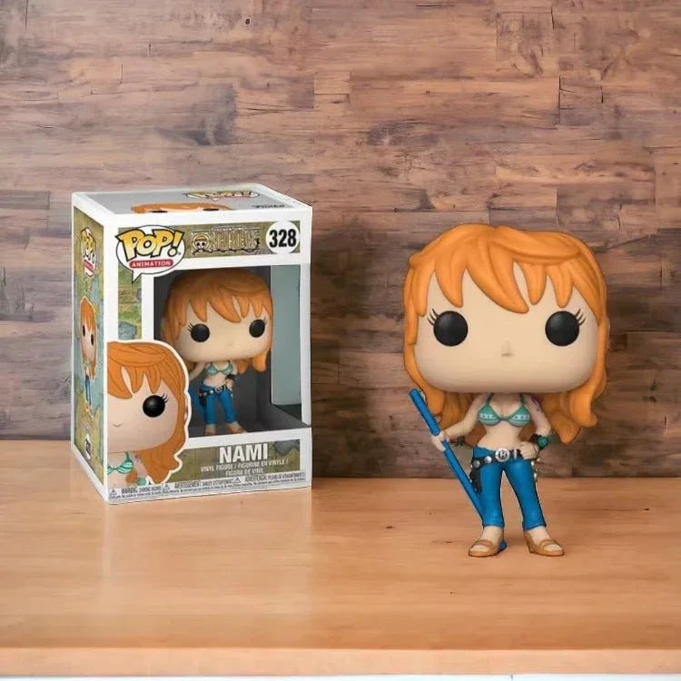 Funko Pop! vinyl figure of Nami from One Piece on a wooden surface with packaging.