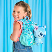 Child wearing a turquoise backpack with a cartoon character on a blue background