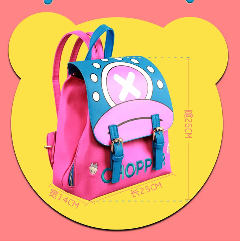 Pink and blue children's backpack with measurement details on a pink background