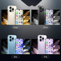 Four smartphone models in beige, black, blue, and pink with app icons displayed on screens.