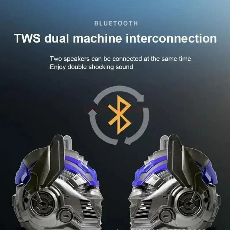 Pair of wireless earbuds with Bluetooth logo and text about TWS dual machine interconnection on a dark background.