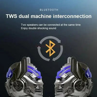Pair of wireless earbuds with Bluetooth logo and text about TWS dual machine interconnection on a dark background.