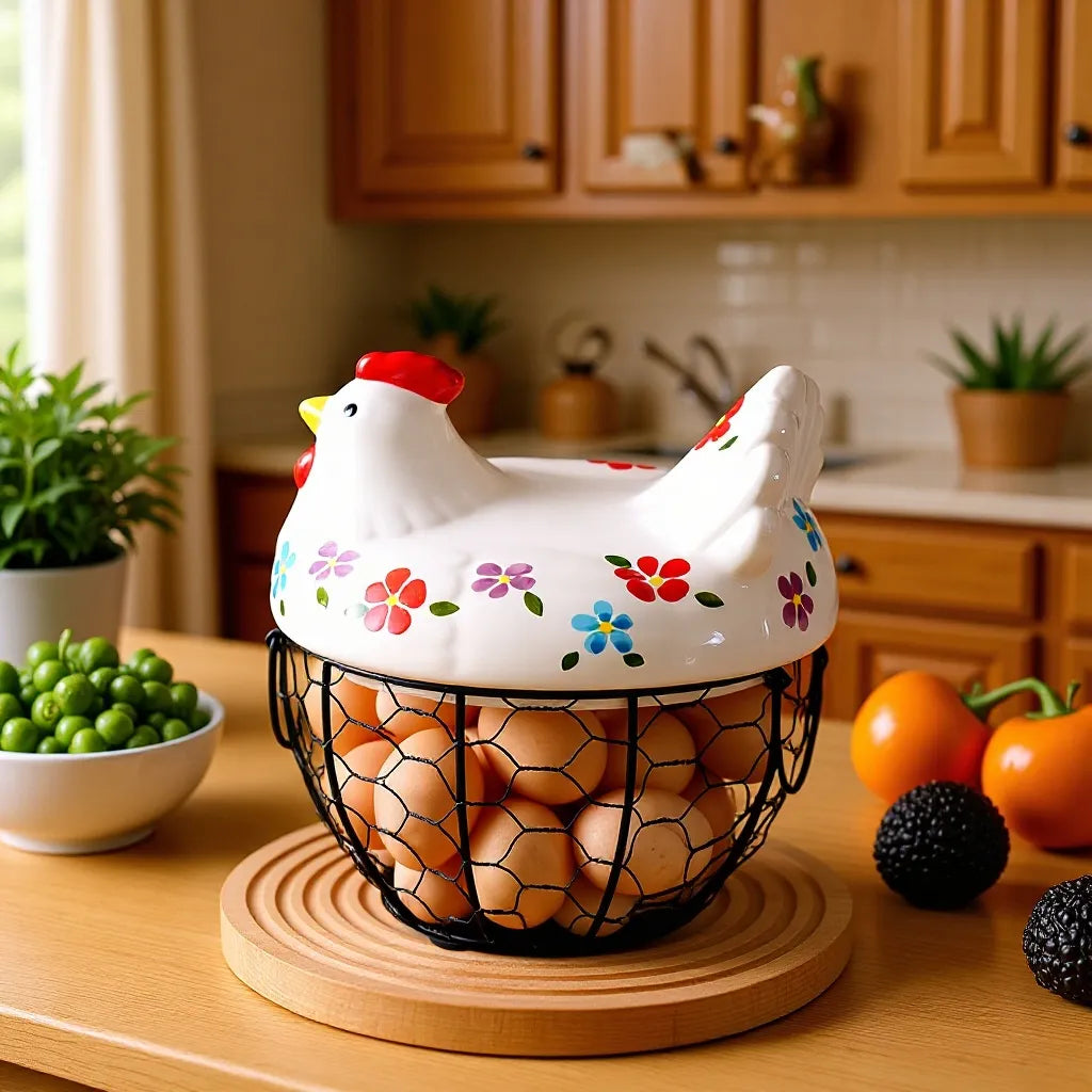 Ceramic Hen Egg Basket Storage Holder