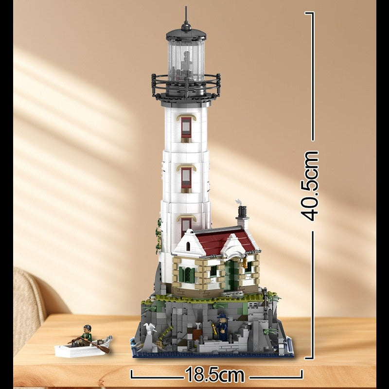 Model of a lighthouse made from building blocks with measurements on a wooden surface.
