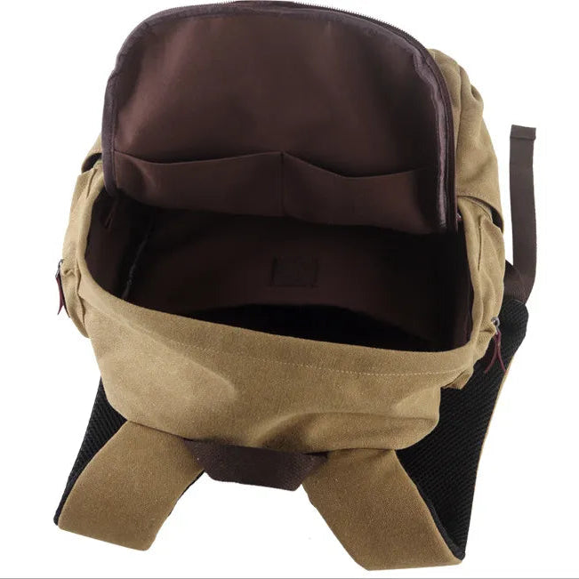 Brown and beige backpack with open compartments on a white background