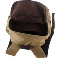 Brown and beige backpack with open compartments on a white background