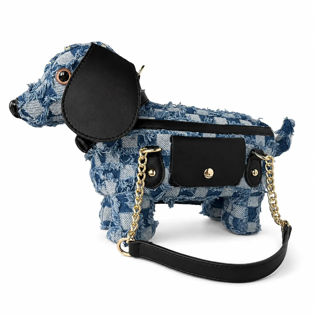 Berry-Sweet Denim Dachshund Distressed Patchwork Bag