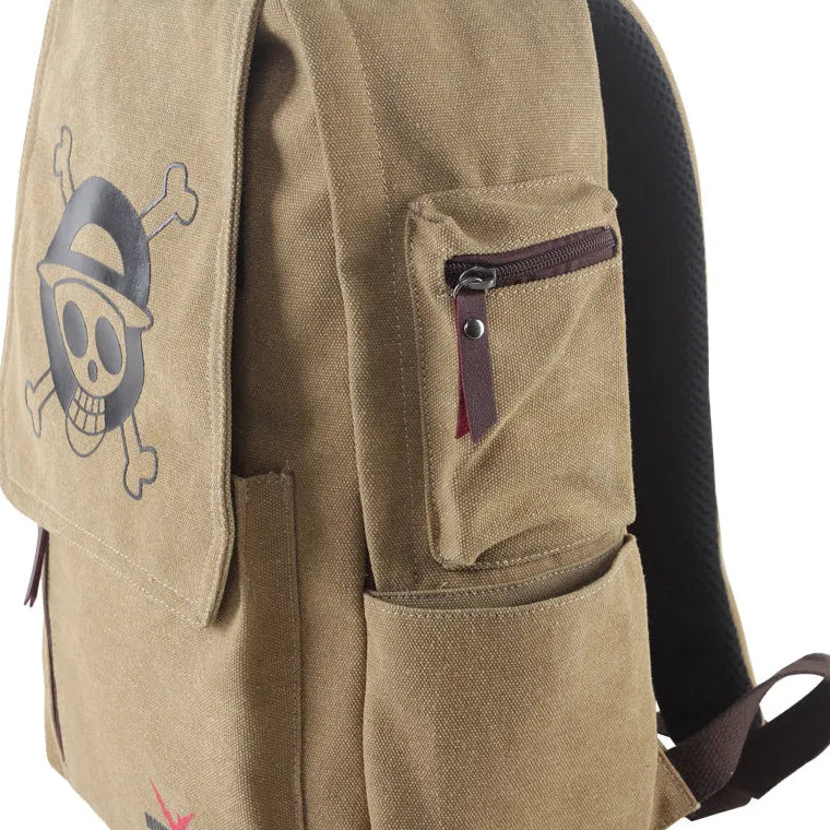 Beige backpack with skull and crossbones design on a white background