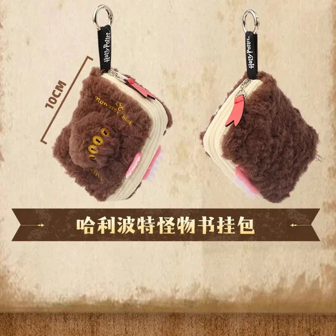 Harry Potter plush bag with dimensions and material information on a wooden background