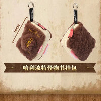 Harry Potter plush bag with dimensions and material information on a wooden background